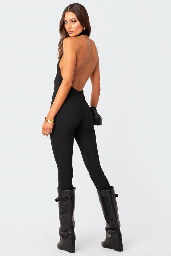 edikted Aero Ribbed Open Back Jumpsuit black