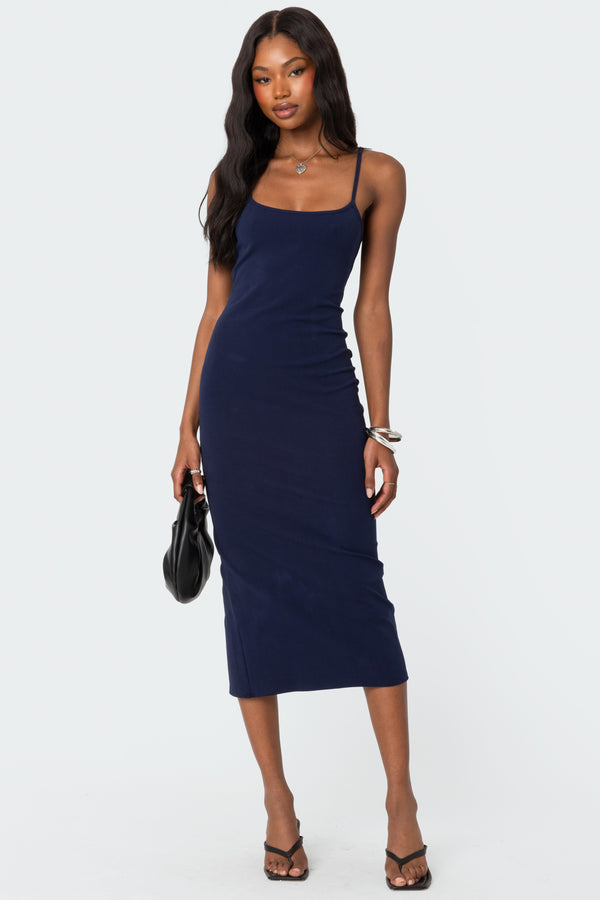 edikted Air Back Slitted Midi Dress navy