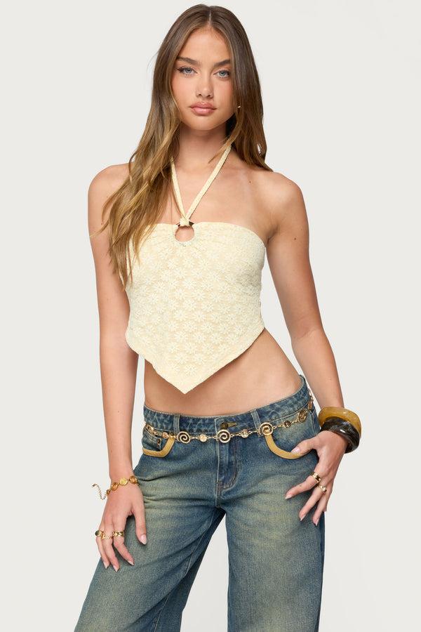 edikted Alana Floral Handkerchief Halter Top cream