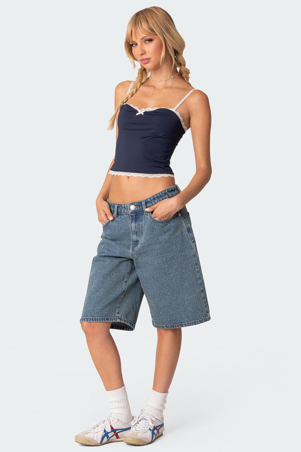 Edikted Alara Lace Trim Tank Top Navy