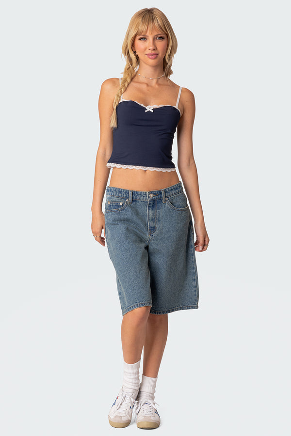 Edikted Alara Lace Trim Tank Top Navy
