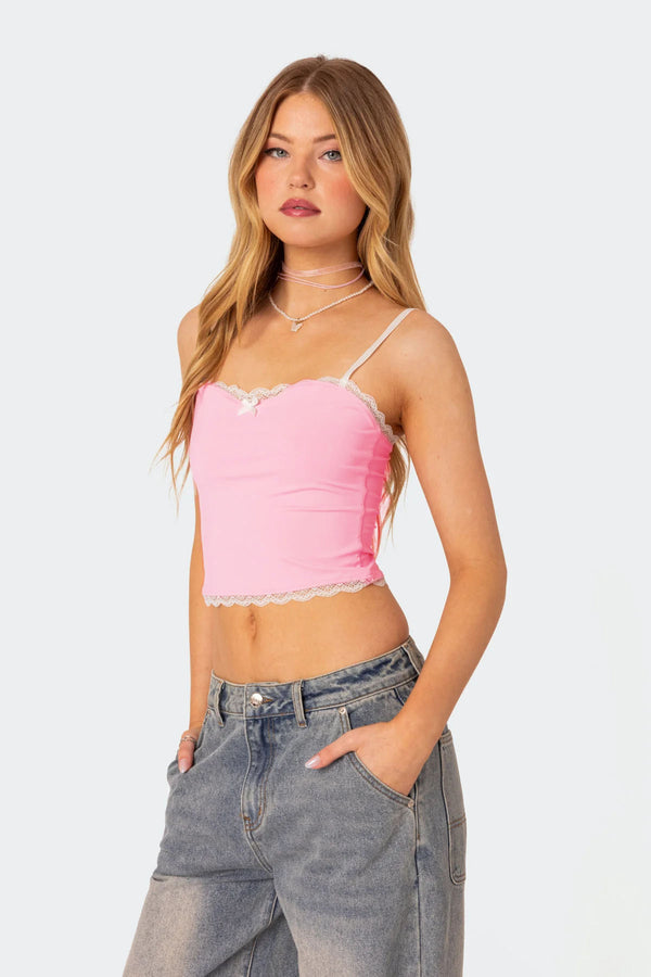 Edikted Alara Lace Trim Tank Top Pink