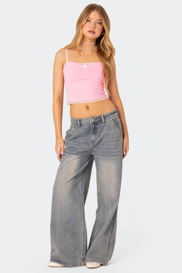 Edikted Alara Lace Trim Tank Top Pink