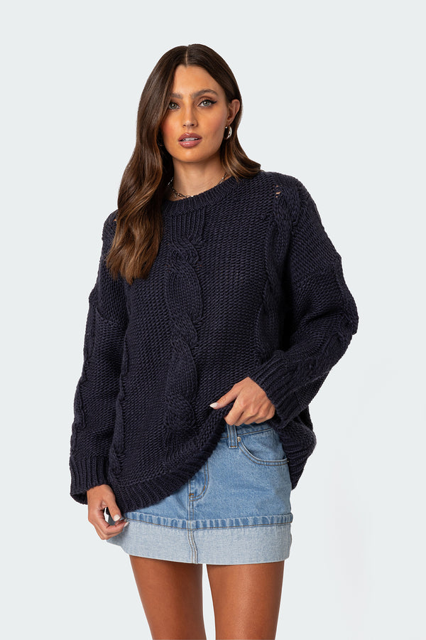 Edikted Alene Oversized Cable Knit Sweater Navy