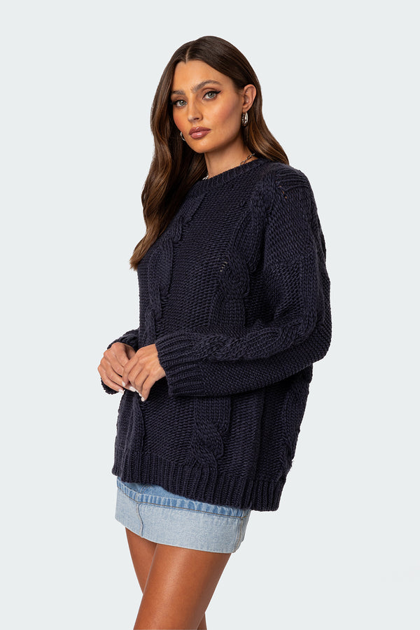 Edikted Alene Oversized Cable Knit Sweater Navy