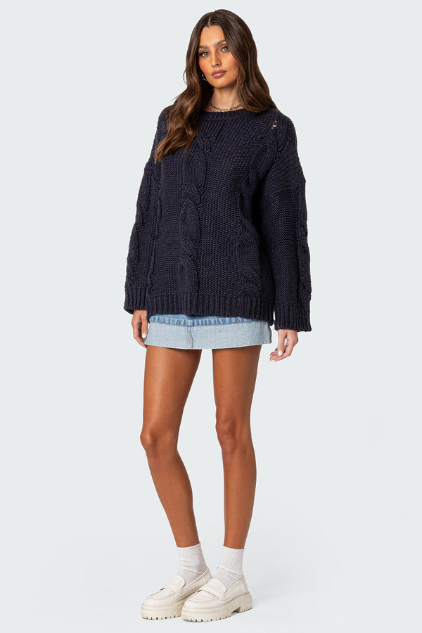 Edikted Alene Oversized Cable Knit Sweater Navy