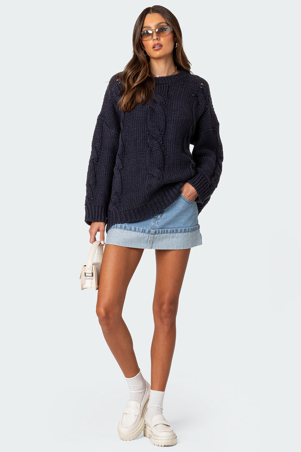 edikted Alene Oversized Cable Knit Sweater navy