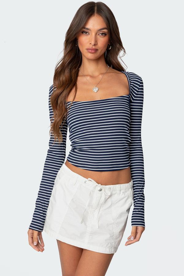 edikted Alex Striped Top navy and white