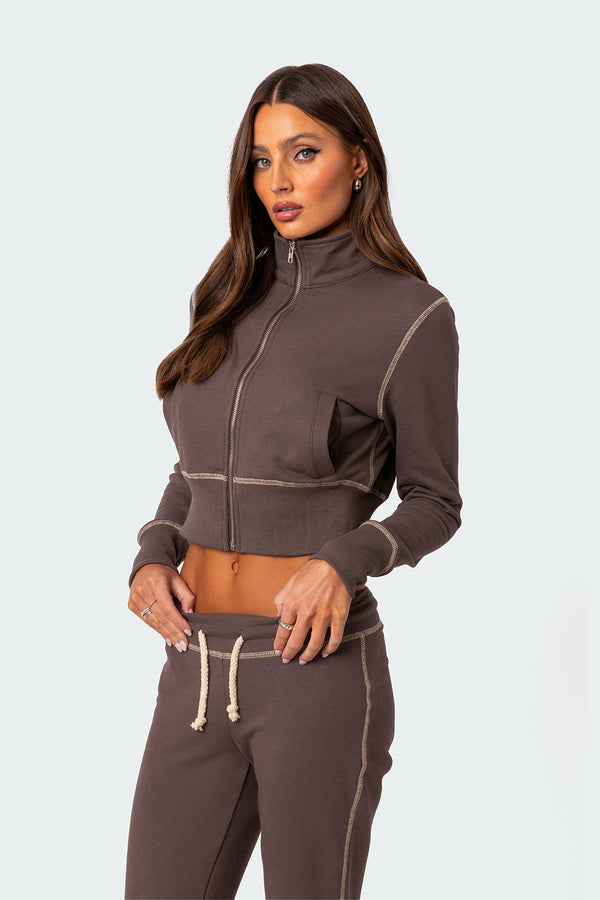 Edikted Alexia Zip Up Sweatshirt Brown
