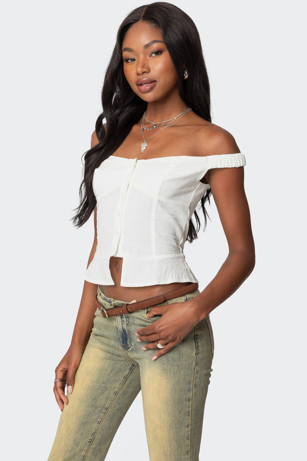 Edikted Ali Linen Look Off Shoulder Top White