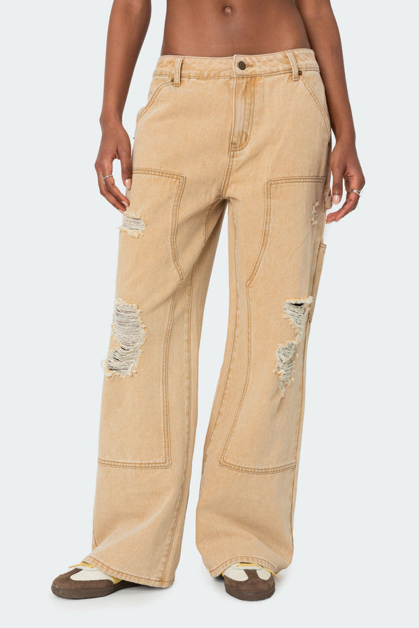 Edikted Alibi Distressed Carpenter Jeans Beige
