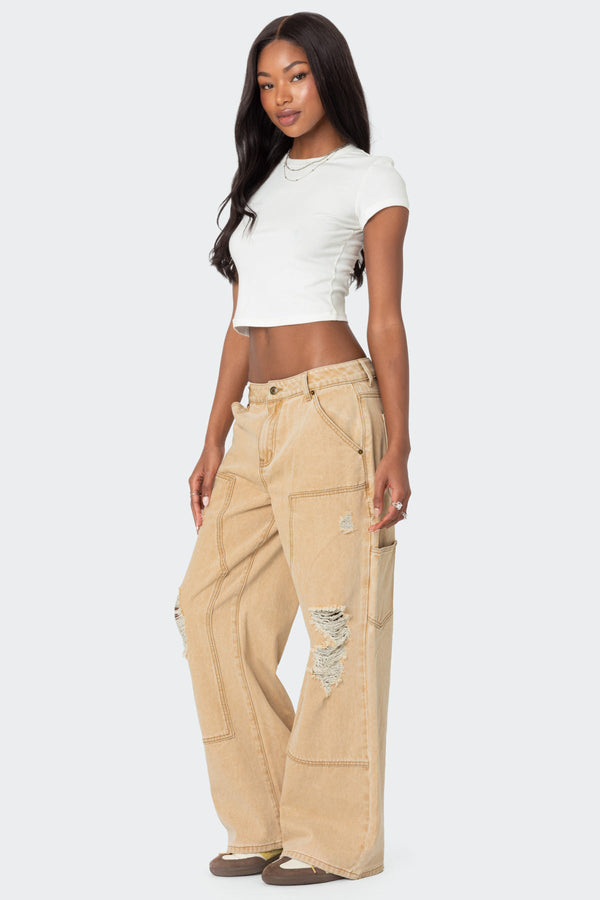 Edikted Alibi Distressed Carpenter Jeans Beige