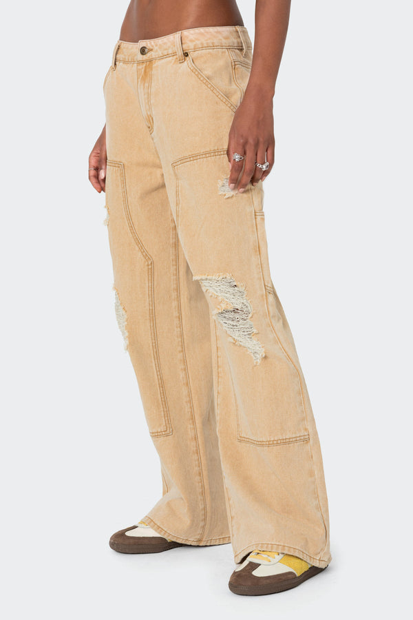 Edikted Alibi Distressed Carpenter Jeans Beige