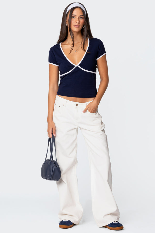 Edikted Alicia Contrast V Neck Top Navy