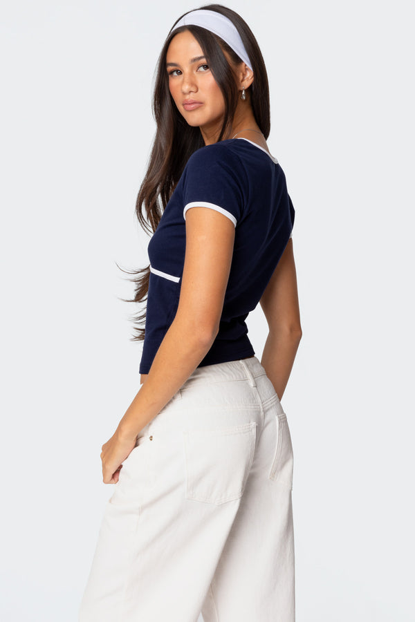 Edikted Alicia Contrast V Neck Top Navy
