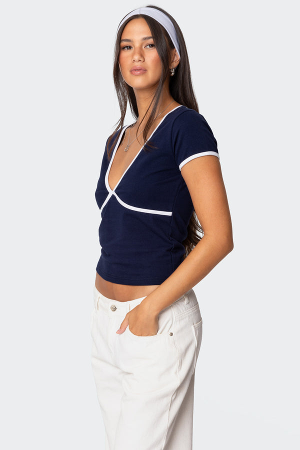 Edikted Alicia Contrast V Neck Top Navy