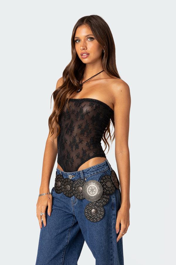 Edikted Alina Sheer Lace Bodysuit Black