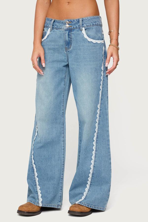 Edikted Alisha Lacey Low Rise Jeans Blue Washed