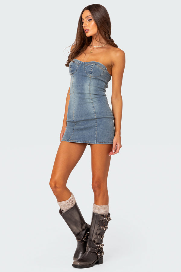 Edikted Alissa Denim Mini Dress Light Blue