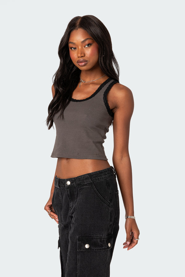 Edikted Alix Lacey Ribbed Tank Top Gray