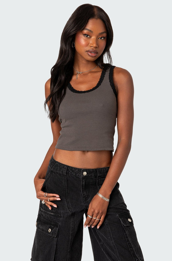 edikted Alix Lacey Ribbed Tank Top gray