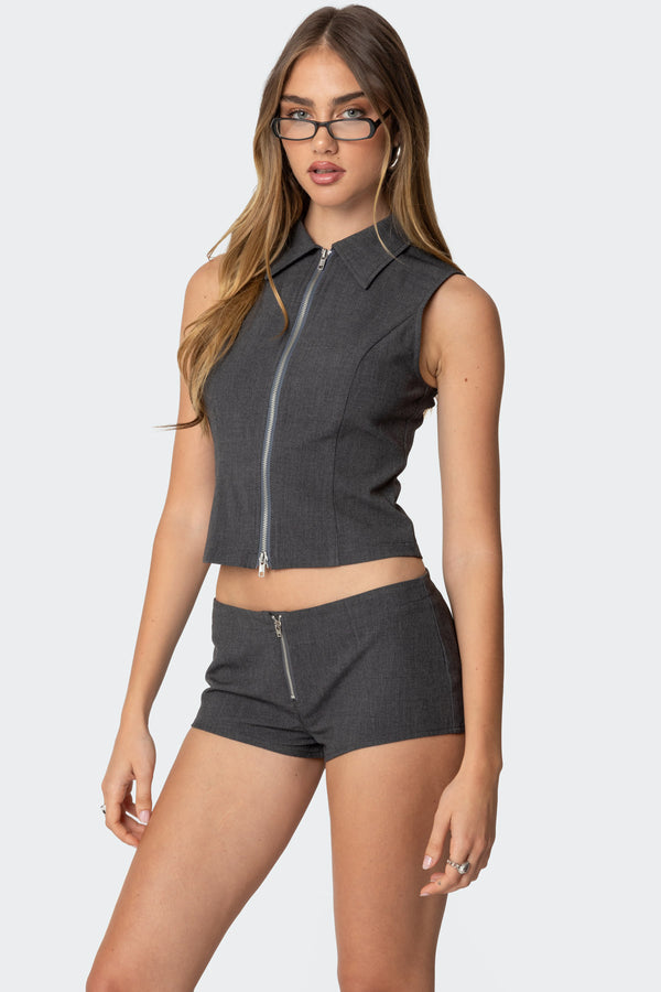 Edikted Allie Collared Zip Up Top Dark Gray