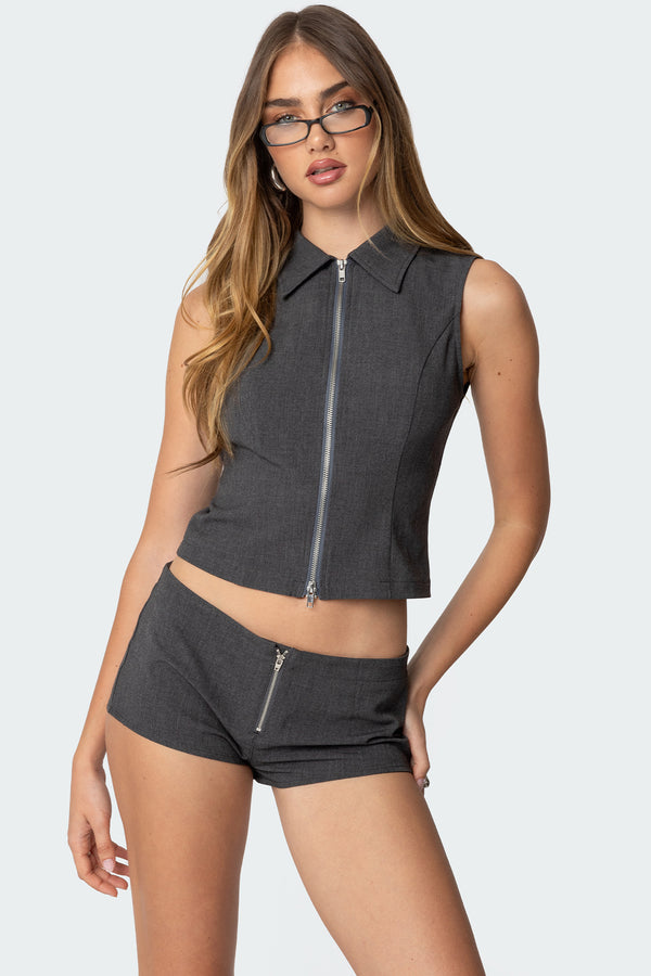 edikted Allie Collared Zip Up Top dark gray