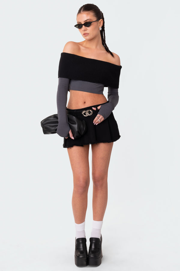 Edikted Alma Off Shoulder Half Knit Top Gray