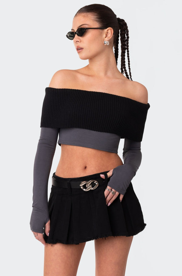 edikted Alma Off Shoulder Half Knit Top gray