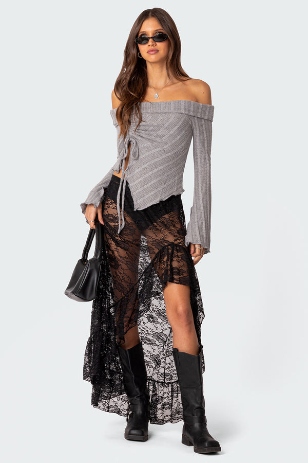 Edikted Alona Asymmetric Fold Over Knit Top Gray