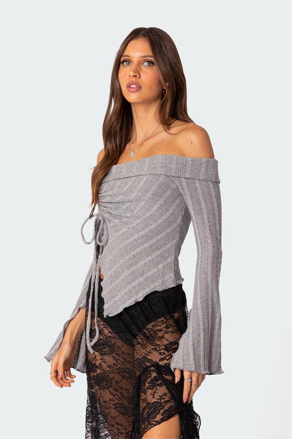 Edikted Alona Asymmetric Fold Over Knit Top Gray