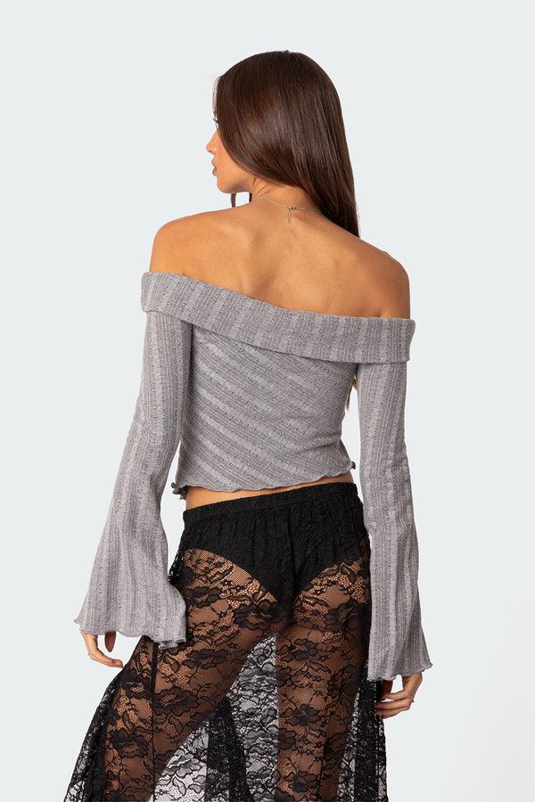 Edikted Alona Asymmetric Fold Over Knit Top Gray