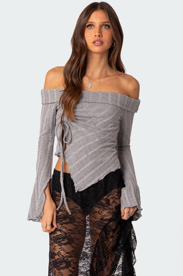 edikted Alona Asymmetric Fold Over Knit Top gray