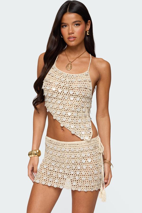 edikted Alora Iridescent Crochet Top beige