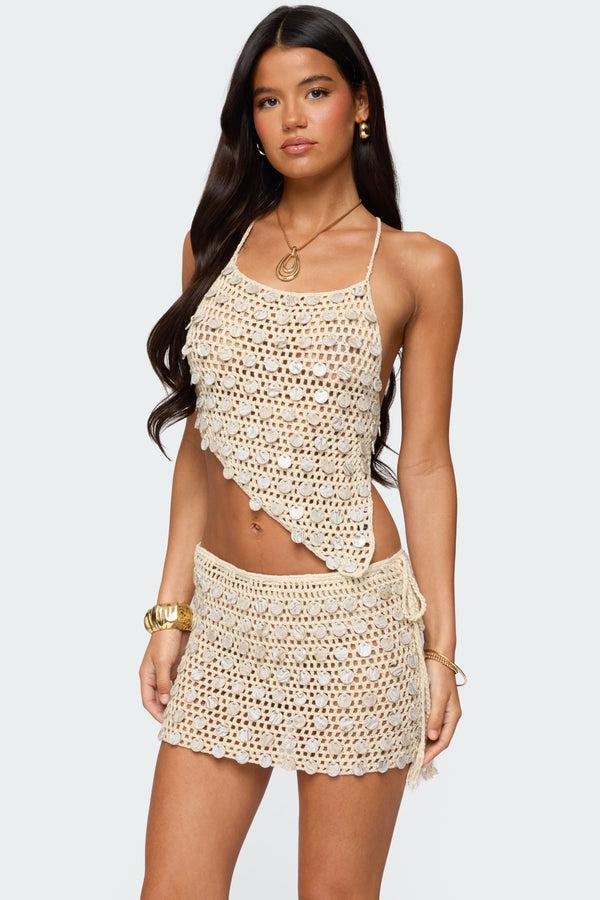 Edikted Alora Iridescent Crochet Top Beige
