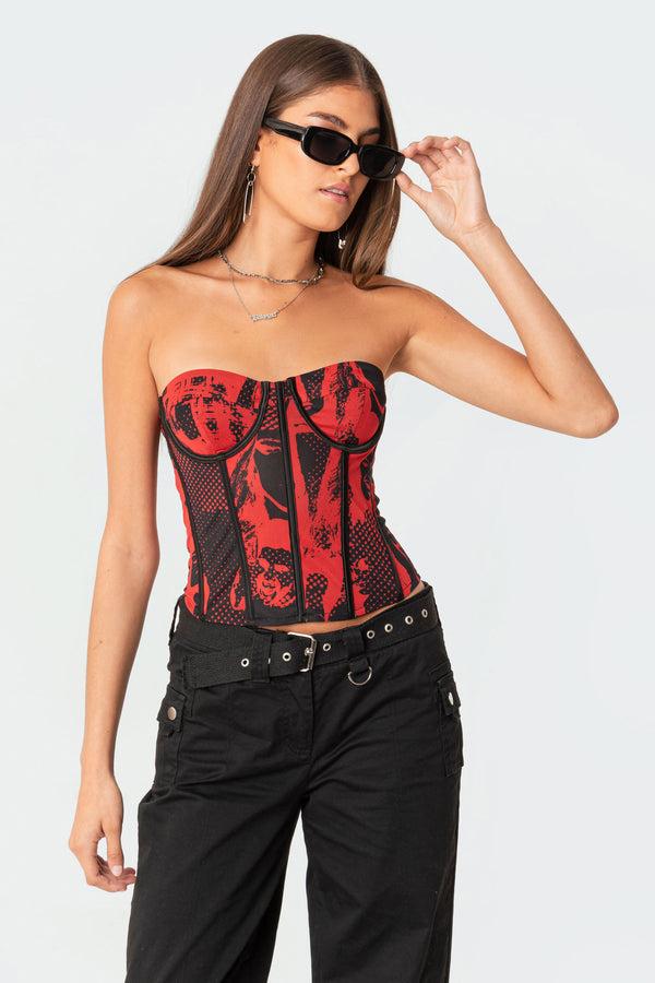 Edikted Aly Mesh Corset Top Red
