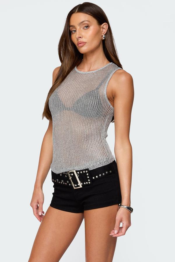 Edikted Amalya Shiny Sheer Knit Top Silver