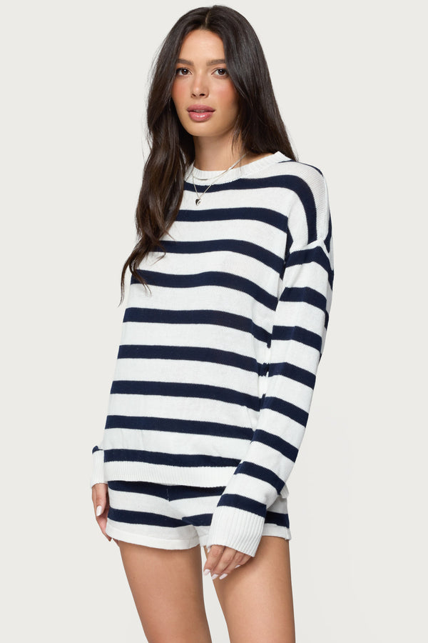 Edikted Amaris Oversized Striped Knit Sweater Navy