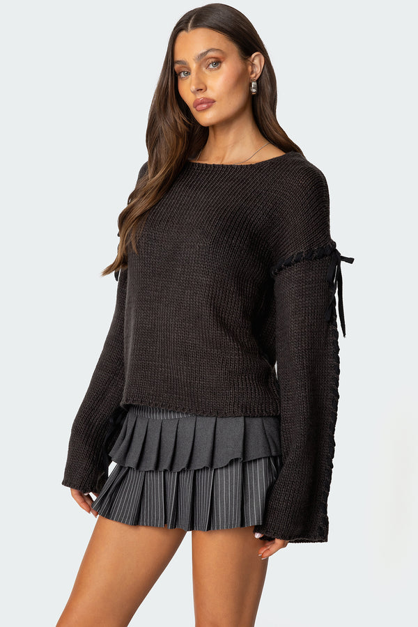 Edikted Amelia Lace Up Sleeve Sweater Dark Gray