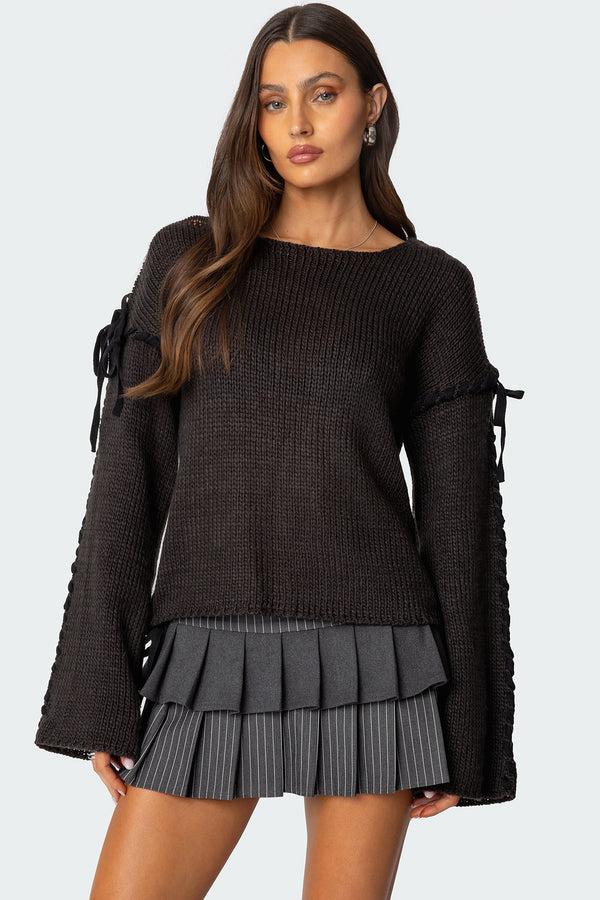 edikted Amelia Lace Up Sleeve Sweater dark gray