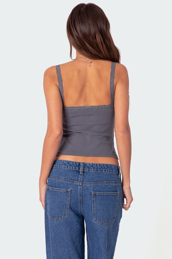 Edikted Amilia Lace Trim Tank Top Dark Gray