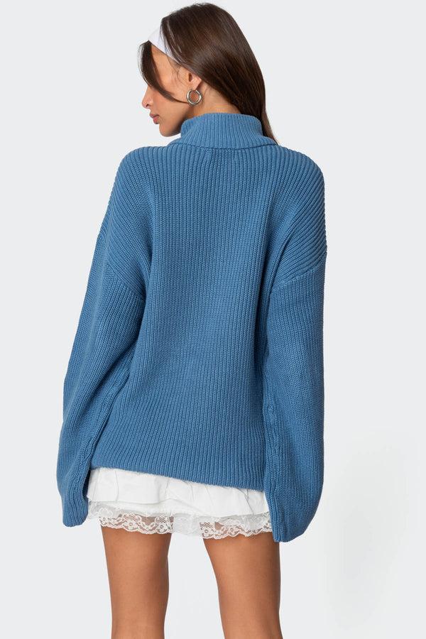 Edikted Amour High Neck Oversized Zip Sweater Blue