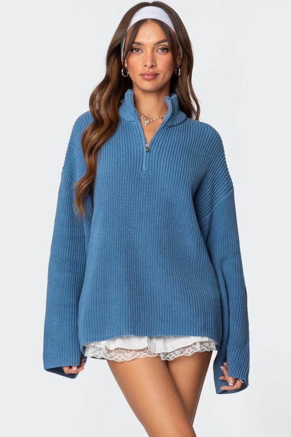 edikted Amour High Neck Oversized Zip Sweater blue