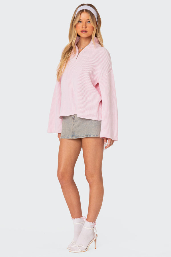 Edikted Amour High Neck Oversized Zip Sweater Pink
