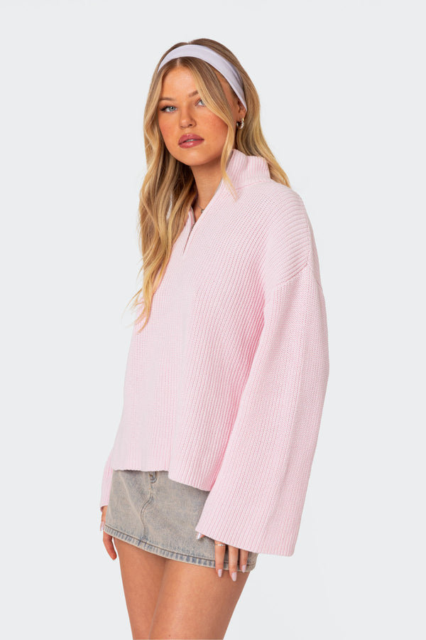 Edikted Amour High Neck Oversized Zip Sweater Pink