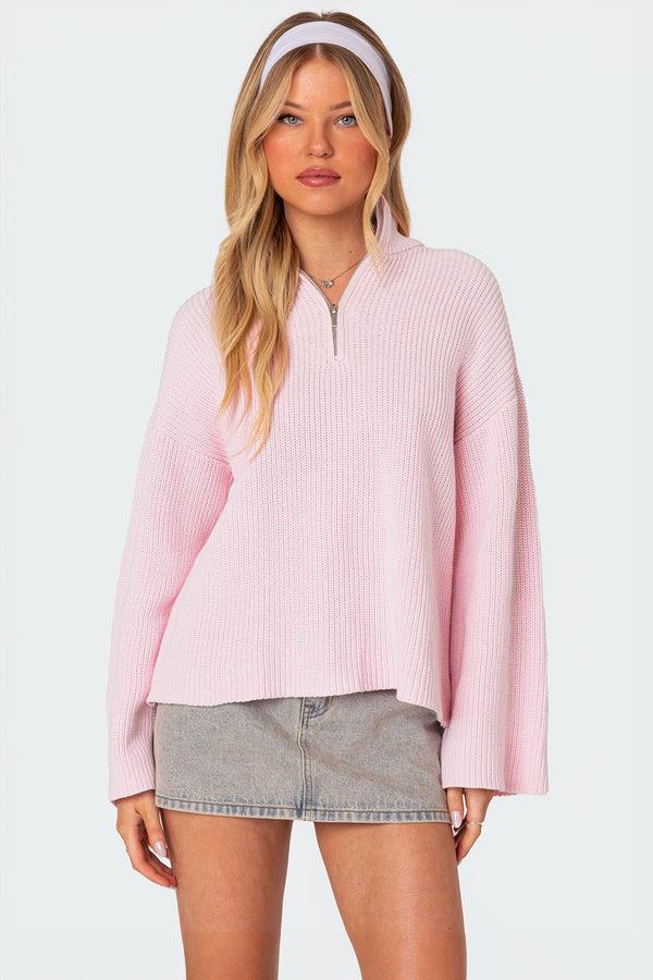 edikted Amour High Neck Oversized Zip Sweater pink