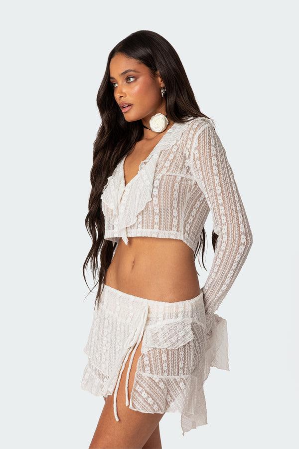Edikted Anastasia Sheer Lace Crop Top White