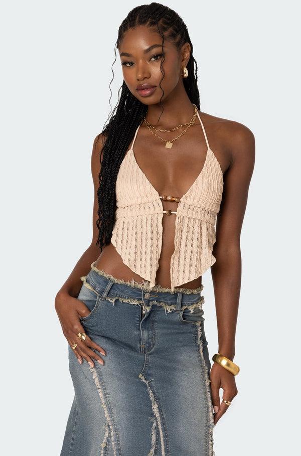 edikted Anaya Textured Open Back Top beige