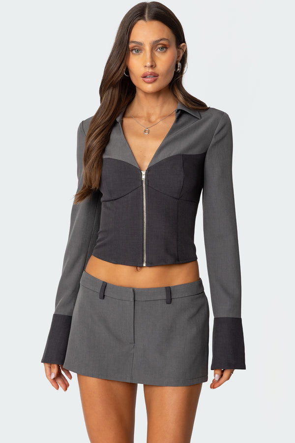edikted Angela Tailored Zip Up Top gray