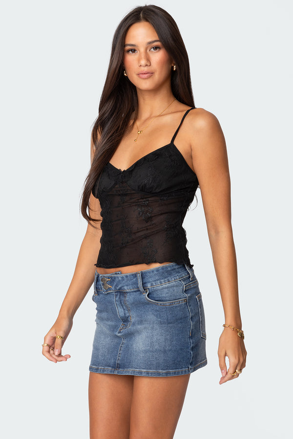 Edikted Angelina Sheer Lace Tank Top Black